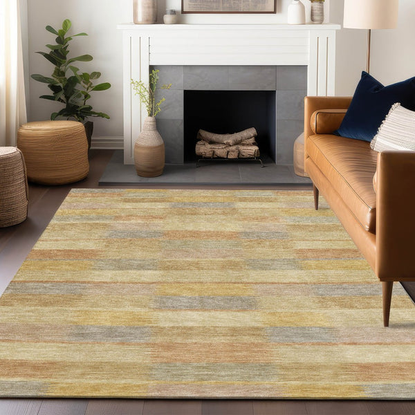 HomeRoots 5' Durable Wheat Beige and Gold Striped Area Rug - Stylish, Washable Design for Indoor & Outdoor Use 5' X 8' 615483