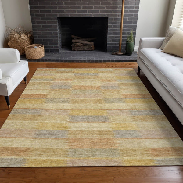 HomeRoots 5' Durable Wheat Beige and Gold Striped Area Rug - Stylish, Washable Design for Indoor & Outdoor Use 10' X 14' 615487