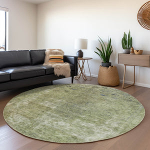 HomeRoots 5' Artichoke Green and Beige Abstract Indoor Outdoor Area Rug - Stylish, Washable, and Durable Design 8' Round 615490