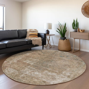 HomeRoots 5' Modern Beige and Taupe Abstract Washable Area Rug for Indoor and Outdoor Versatile Spaces 8' Round 615496