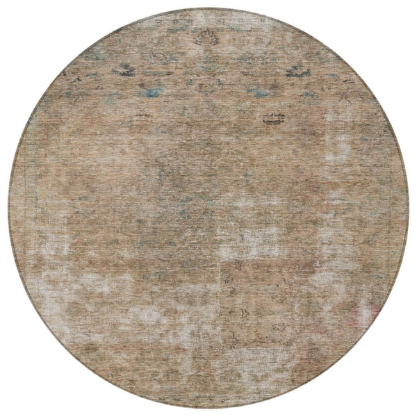 HomeRoots 5' Modern Beige and Taupe Abstract Washable Area Rug for Indoor and Outdoor Versatile Spaces 8' Round 615496