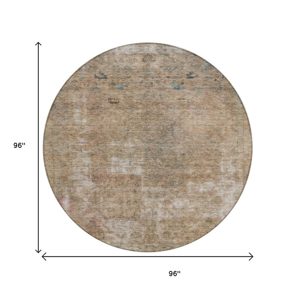HomeRoots 5' Modern Beige and Taupe Abstract Washable Area Rug for Indoor and Outdoor Versatile Spaces 8' Round 615496