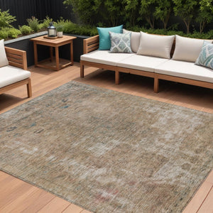 HomeRoots 5' Modern Beige and Taupe Abstract Washable Area Rug for Indoor and Outdoor Versatile Spaces 9' X 12' 615498
