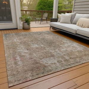 HomeRoots 5' Modern Beige and Taupe Abstract Washable Area Rug for Indoor and Outdoor Versatile Spaces 10' X 14' 615499