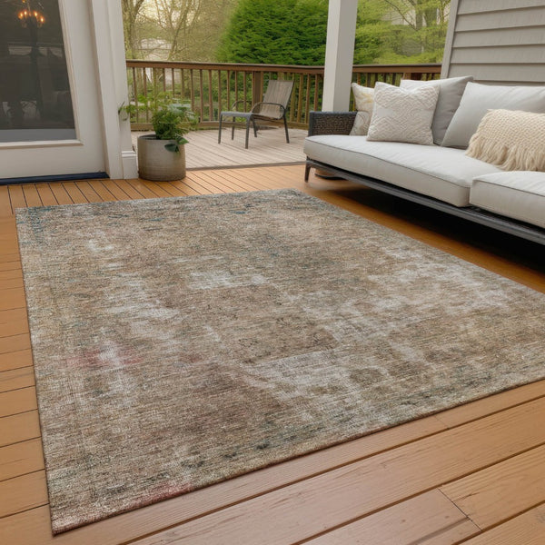 HomeRoots 5' Modern Beige and Taupe Abstract Washable Area Rug for Indoor and Outdoor Versatile Spaces 10' X 14' 615499