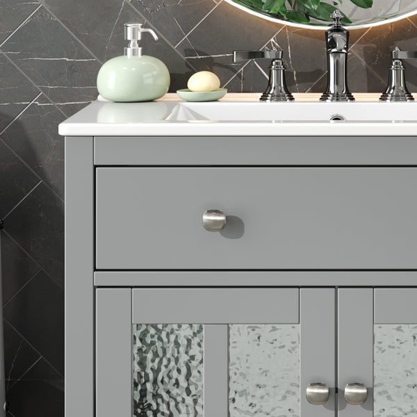 English Elm Christopher Knight Home® - 30" Bathroom Vanity with Ceramic Sink, Solid Wood Legs, Adjustable Shelf, Tip-Out Tray, Soft-Close Hinges, Silver Knobs, Moisture-Resistant Finish Gray N817P286250G