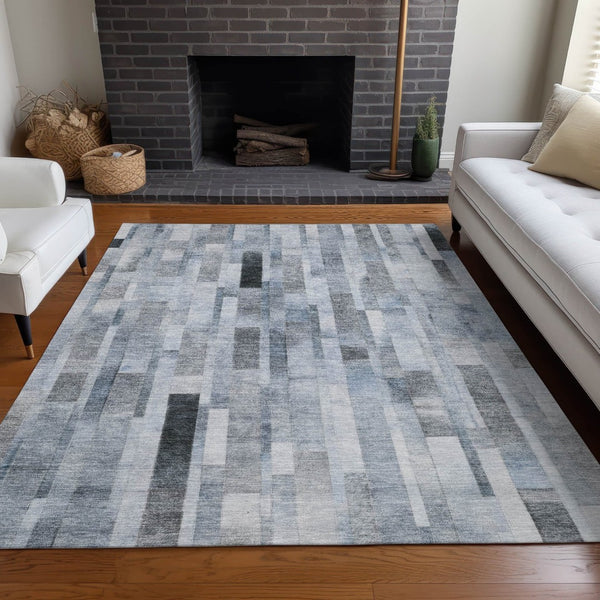 HomeRoots 5' Stylish Blue and Gray Striped Washable Area Rug for Indoor and Outdoor Spaces - Durable Comfort 5' X 8' 615513