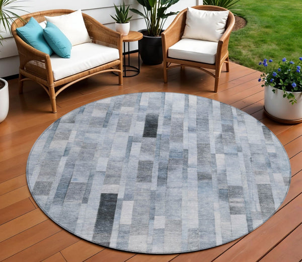 HomeRoots 5' Stylish Blue and Gray Striped Washable Area Rug for Indoor and Outdoor Spaces - Durable Comfort 8' Round 615514