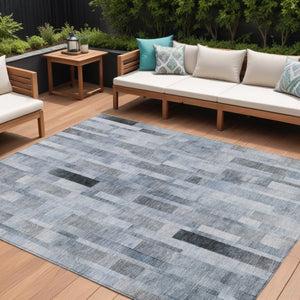 HomeRoots 5' Stylish Blue and Gray Striped Washable Area Rug for Indoor and Outdoor Spaces - Durable Comfort 10' X 14' 615517