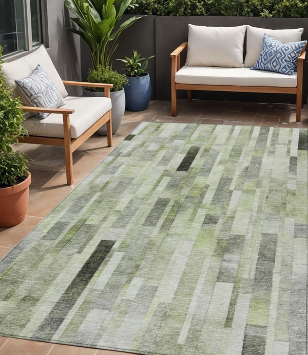 HomeRoots 5' Durable Green and Gray Striped Indoor Outdoor Area Rug - Machine Washable, Stylish & Versatile 5' X 8' 615519