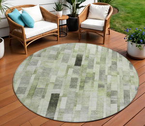 HomeRoots 5' Durable Green and Gray Striped Indoor Outdoor Area Rug - Machine Washable, Stylish & Versatile 8' Round 615520