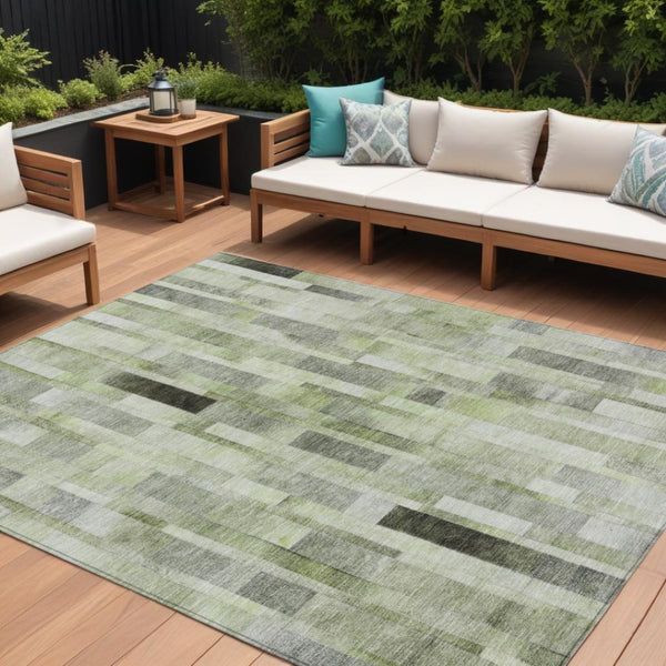 HomeRoots 5' Durable Green and Gray Striped Indoor Outdoor Area Rug - Machine Washable, Stylish & Versatile 9' X 12' 615522