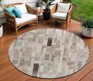 HomeRoots 5' Durable Taupe and Gray Striped Indoor-Outdoor Area Rug - Washable, Versatile & Stain-Resistant 8' Round 615526