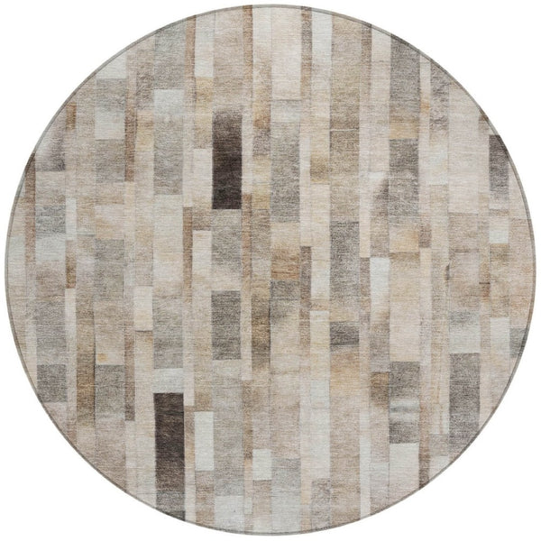 HomeRoots 5' Durable Taupe and Gray Striped Indoor-Outdoor Area Rug - Washable, Versatile & Stain-Resistant 8' Round 615526