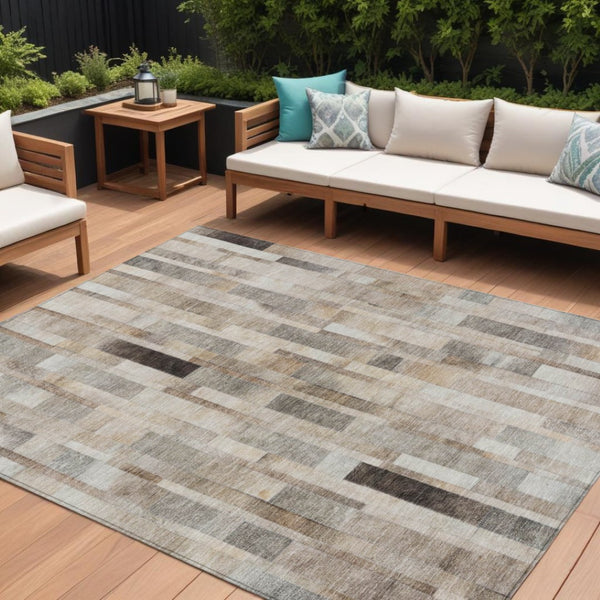 HomeRoots 5' Durable Taupe and Gray Striped Indoor-Outdoor Area Rug - Washable, Versatile & Stain-Resistant 8' X 10' 615527