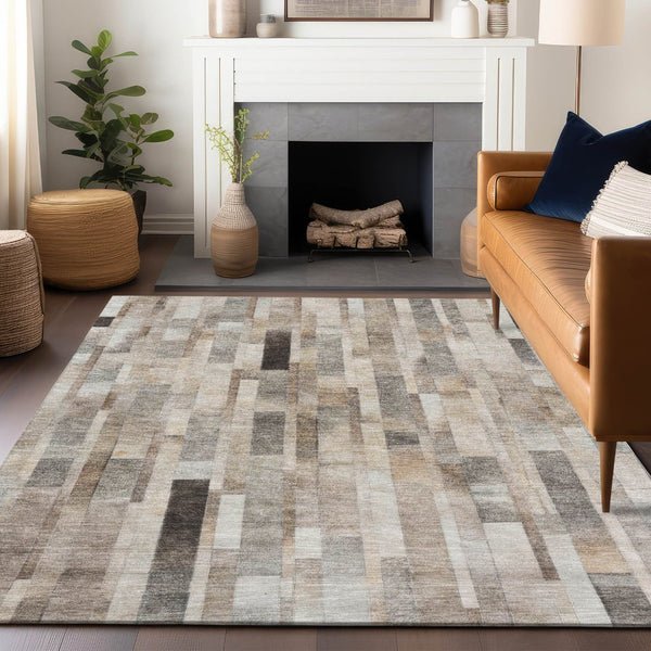 HomeRoots 5' Durable Taupe and Gray Striped Indoor-Outdoor Area Rug - Washable, Versatile & Stain-Resistant 8' X 10' 615527