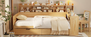 English Elm Wooden Twin Daybed with Trundle Built-in Desk and Open Shelves for Kids Rooms Natural N733S373385M