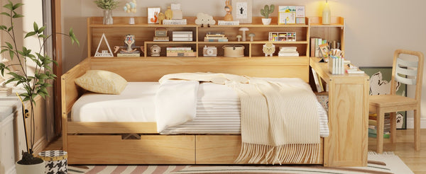 English Elm Wooden Twin Daybed with Trundle Built-in Desk and Open Shelves for Kids Rooms Natural N733S373385M