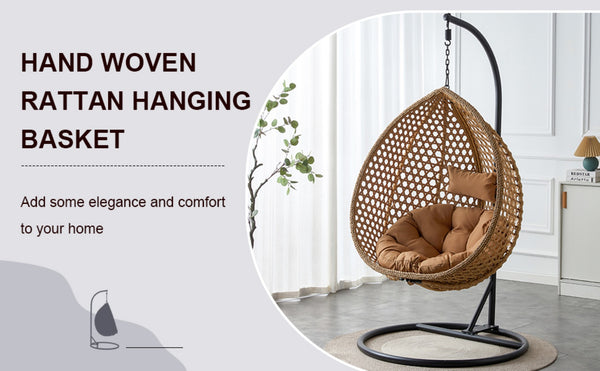 English Elm 76.8-inch Hand Woven Rattan Egg Swing Chair Indoor Outdoor with Cushion Lumbar Pillow Yellow W1512P498594
