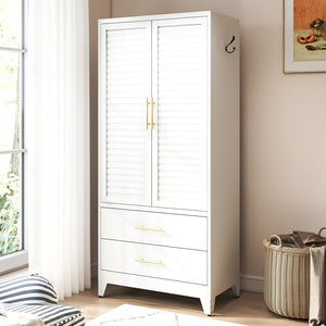 English Elm White Steel Freestanding Wardrobe Cabinet with Rod and Shelves for Dorm or Apartment T2398P480393