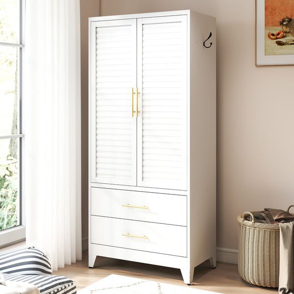 English Elm White Steel Freestanding Wardrobe Cabinet with Rod and Shelves for Dorm or Apartment T2398P480393