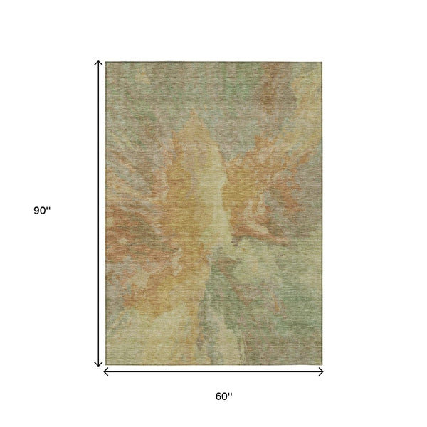 HomeRoots 5' Artichoke Green and Gold Abstract Washable Area Rug for Indoor and Outdoor High-Traffic Use 5' X 8' 615585