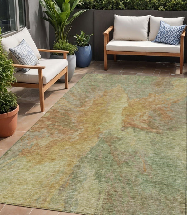 HomeRoots 5' Artichoke Green and Gold Abstract Washable Area Rug for Indoor and Outdoor High-Traffic Use 5' X 8' 615585