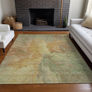 HomeRoots 5' Artichoke Green and Gold Abstract Washable Area Rug for Indoor and Outdoor High-Traffic Use 5' X 8' 615585