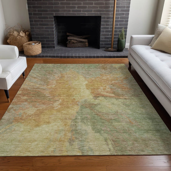 HomeRoots 5' Artichoke Green and Gold Abstract Washable Area Rug for Indoor and Outdoor High-Traffic Use 5' X 8' 615585
