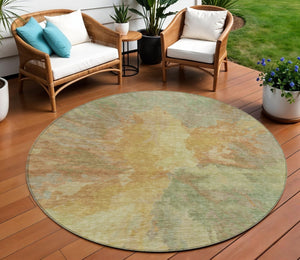 HomeRoots 5' Artichoke Green and Gold Abstract Washable Area Rug for Indoor and Outdoor High-Traffic Use 8' Round 615586