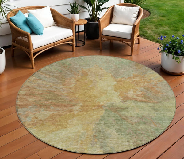HomeRoots 5' Artichoke Green and Gold Abstract Washable Area Rug for Indoor and Outdoor High-Traffic Use 8' Round 615586