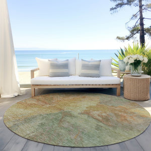 HomeRoots 5' Artichoke Green and Gold Abstract Washable Area Rug for Indoor and Outdoor High-Traffic Use 8' Round 615586