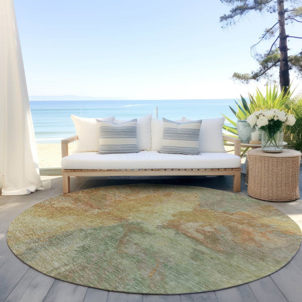 HomeRoots 5' Artichoke Green and Gold Abstract Washable Area Rug for Indoor and Outdoor High-Traffic Use 8' Round 615586
