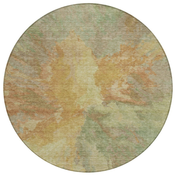 HomeRoots 5' Artichoke Green and Gold Abstract Washable Area Rug for Indoor and Outdoor High-Traffic Use 8' Round 615586