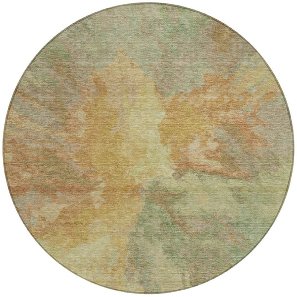 HomeRoots 5' Artichoke Green and Gold Abstract Washable Area Rug for Indoor and Outdoor High-Traffic Use 8' Round 615586