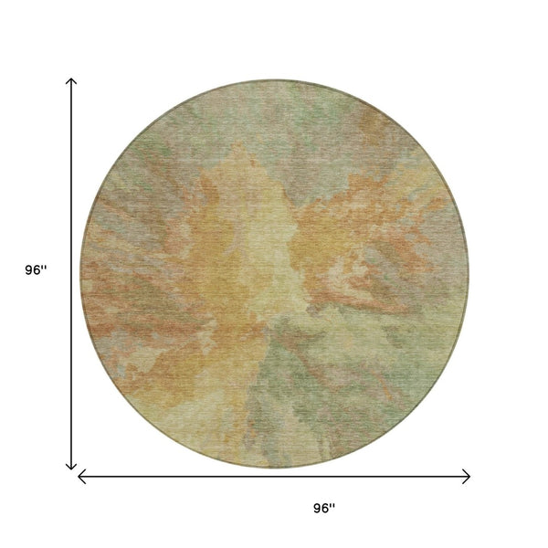 HomeRoots 5' Artichoke Green and Gold Abstract Washable Area Rug for Indoor and Outdoor High-Traffic Use 8' Round 615586
