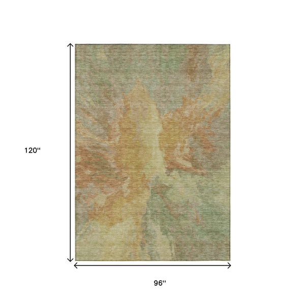 HomeRoots 5' Artichoke Green and Gold Abstract Washable Area Rug for Indoor and Outdoor High-Traffic Use 8' X 10' 615587