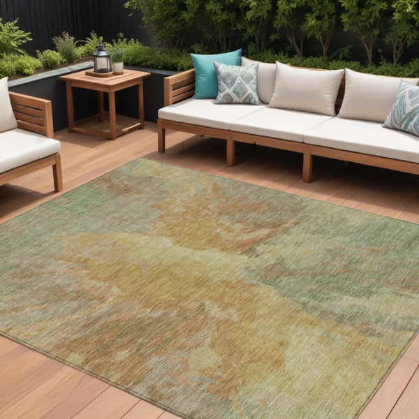 HomeRoots 5' Artichoke Green and Gold Abstract Washable Area Rug for Indoor and Outdoor High-Traffic Use 8' X 10' 615587