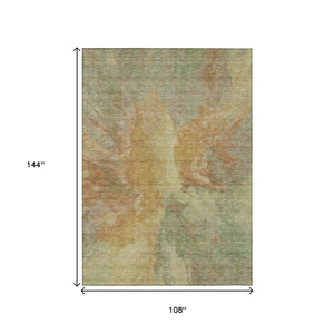 HomeRoots 5' Artichoke Green and Gold Abstract Washable Area Rug for Indoor and Outdoor High-Traffic Use 9' X 12' 615588