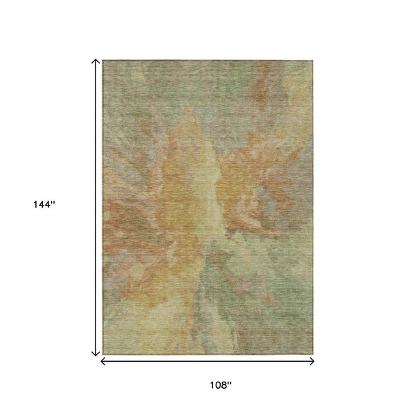 HomeRoots 5' Artichoke Green and Gold Abstract Washable Area Rug for Indoor and Outdoor High-Traffic Use 9' X 12' 615588