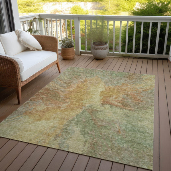 HomeRoots 5' Artichoke Green and Gold Abstract Washable Area Rug for Indoor and Outdoor High-Traffic Use 10' X 14' 615589