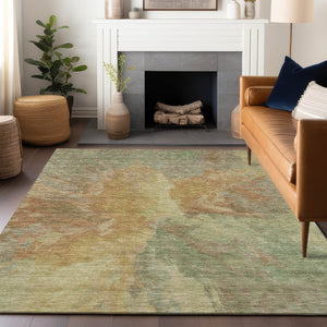 HomeRoots 5' Artichoke Green and Gold Abstract Washable Area Rug for Indoor and Outdoor High-Traffic Use 10' X 14' 615589