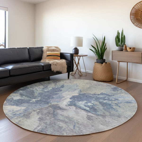 HomeRoots 5' Denim Blue & Linen Abstract Area Rug - Stylish, Durable, Machine Washable for Indoor/Outdoor Use 8' Round 615598