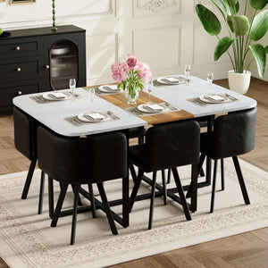 English Elm 7-piece Modern Dining Set Faux Marble Wood Tabletop with Six Leather Chairs W3875S00131