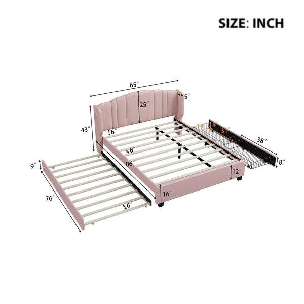 English Elm Upholstered Platform Bed with Wingback Headboard, Twin Trundle & 2 Storage Drawers, Linen Queen Frame Pink 83 L x 9.5 W x 8.75 H N733S208132H