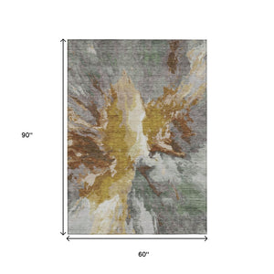 HomeRoots 5' Gold and Gray Abstract Indoor Outdoor Area Rug for Modern Style and Easy Care in Any Space 5' X 8' 615609