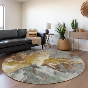 HomeRoots 5' Gold and Gray Abstract Indoor Outdoor Area Rug for Modern Style and Easy Care in Any Space 8' Round 615610