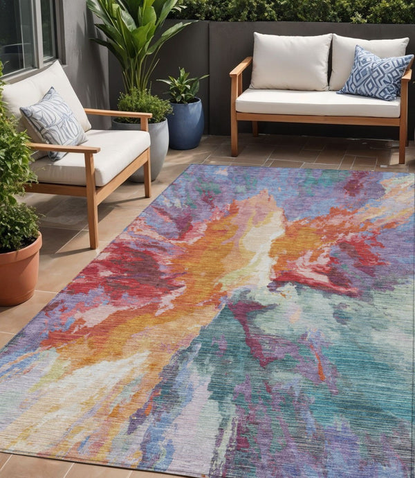HomeRoots 5' Vibrant Abstract Washable Area Rug in Orange Red and Teal Blue for Indoor & Outdoor Spaces 5' X 8' 615615