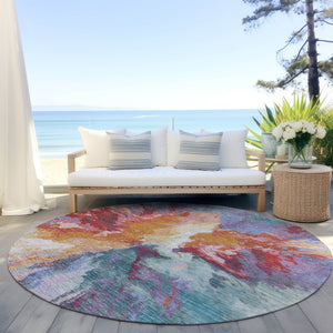 HomeRoots 5' Vibrant Abstract Washable Area Rug in Orange Red and Teal Blue for Indoor & Outdoor Spaces 8' Round 615616