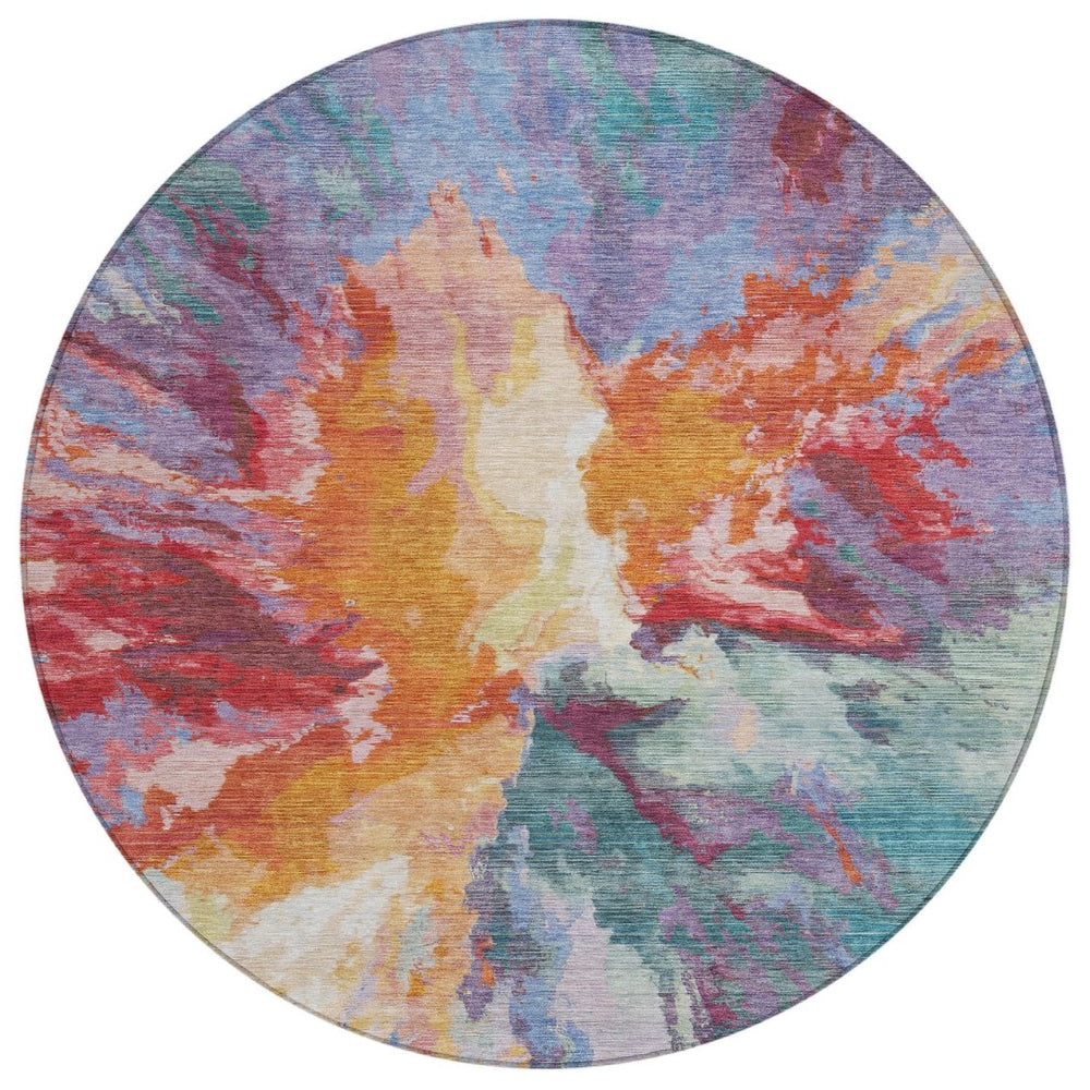 HomeRoots 5' Vibrant Abstract Washable Area Rug in Orange Red and Teal Blue for Indoor & Outdoor Spaces 8' Round 615616